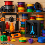 3D printers, filament spools, and accessories collage