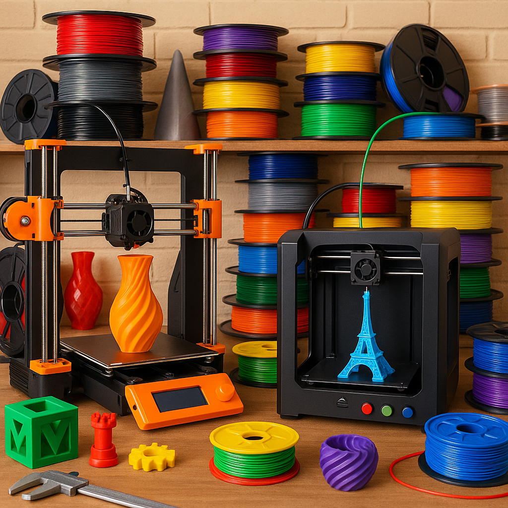 3D printers, filament spools, and accessories collage