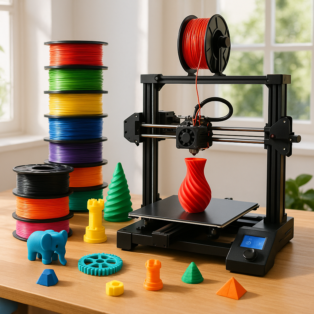 3D printing workspace with printer, filament spools, and printed models