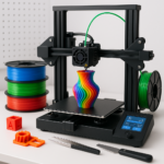 3D printer with colorful filament spools and accessories on a workbench