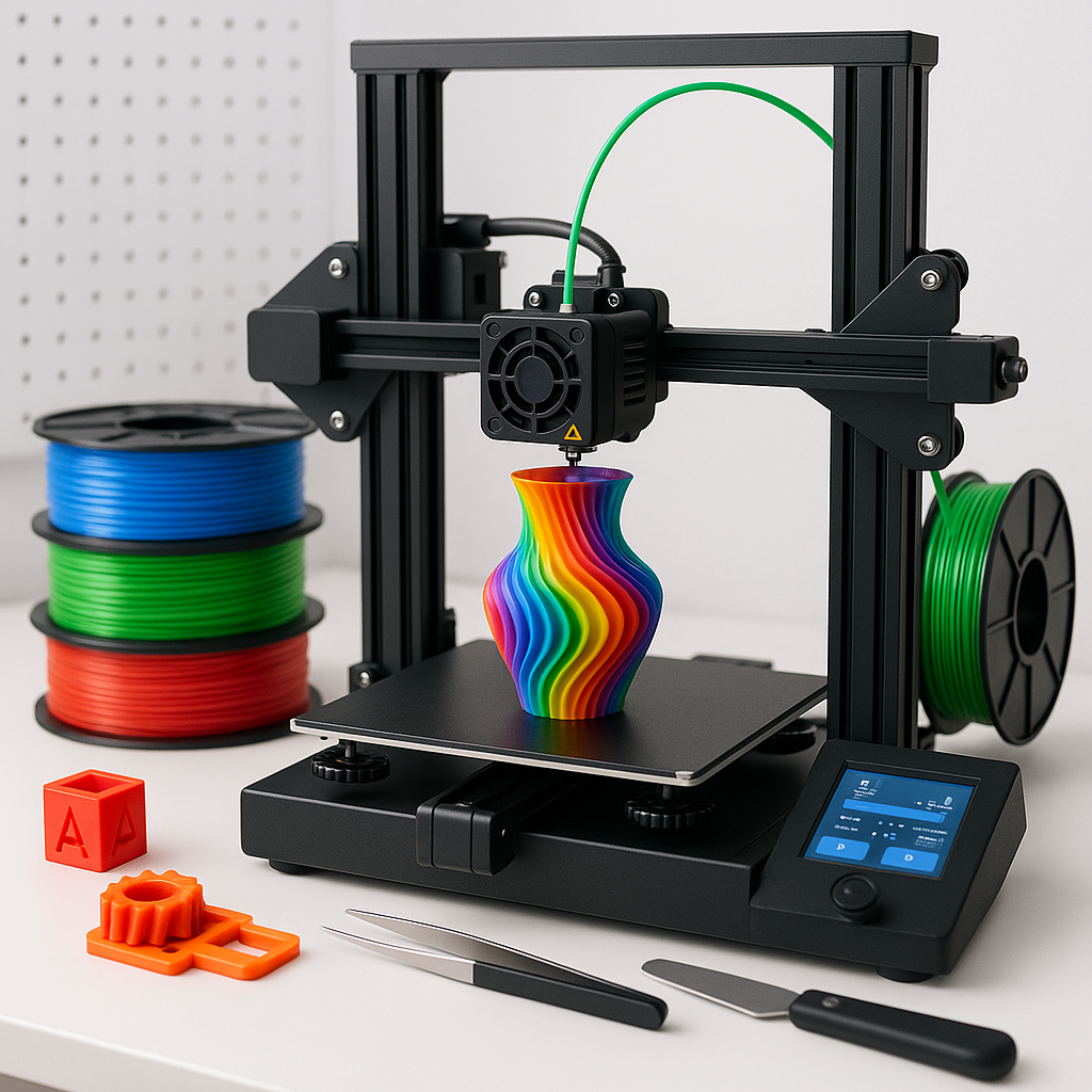 3D printer with colorful filament spools and accessories on a workbench