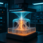 Volumetric 3D printing process with light curing resin in a high-tech lab