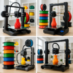 Collage of 3D printers, filaments, and build plates
