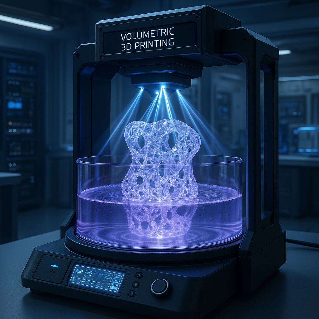 Volumetric 3D printing process showing light-based curing of a complex 3D object inside a resin tank