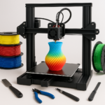 3D printer printing colorful object with filaments and tools