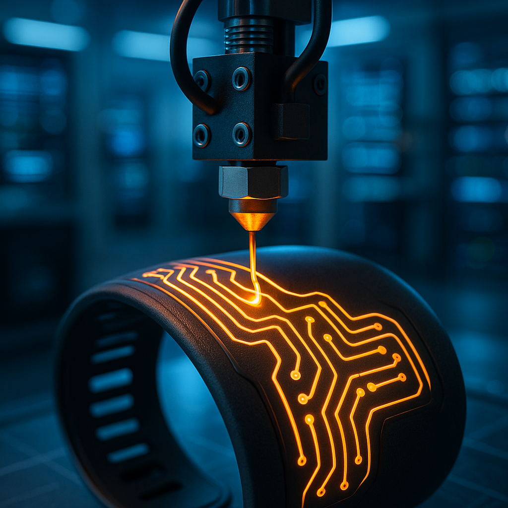 3D printer extruding conductive filament to create a flexible circuit on a smart wearable