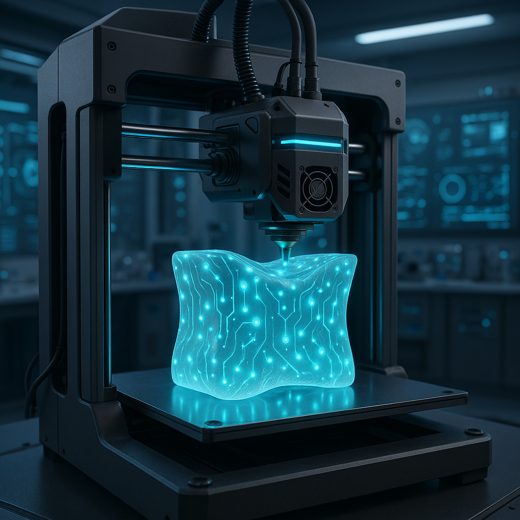 3D printer creating smart material with embedded glowing sensors