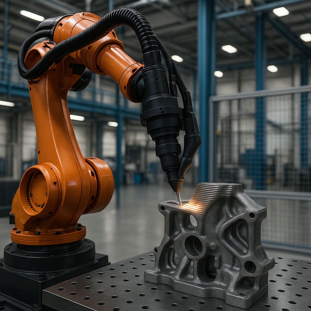 Industrial robotic arm executing hybrid 3D printing and milling on metal casting