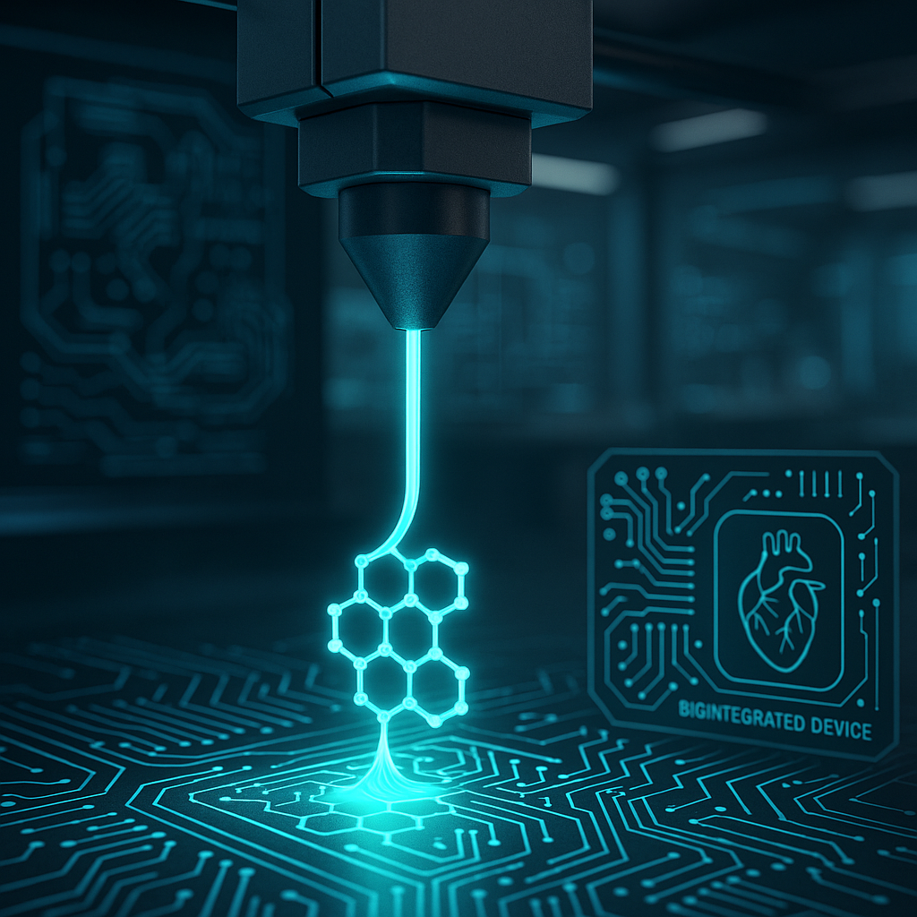 3D printer extruding graphene conductive filament with digital circuits and bio-embedded device concepts