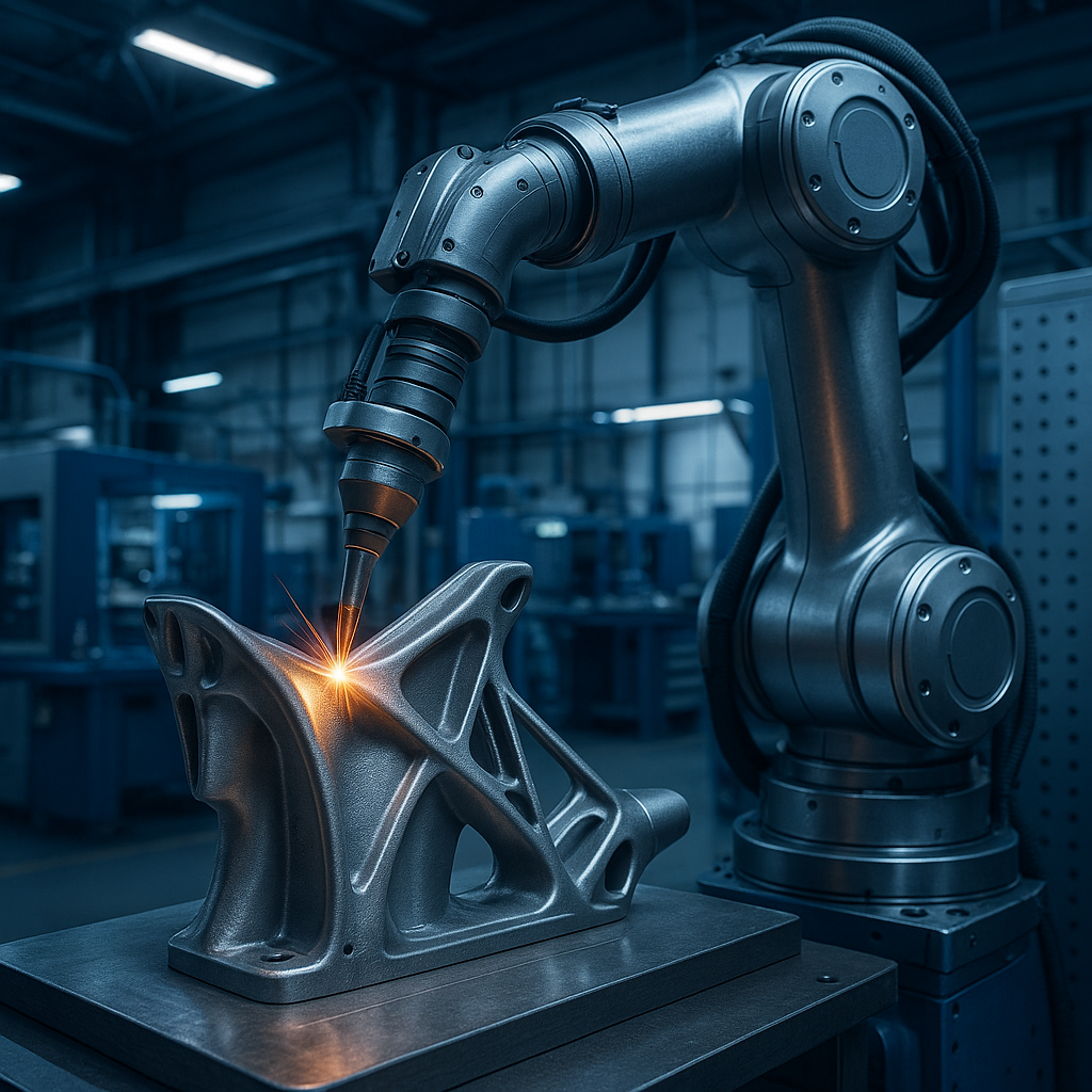 Robotic arm performing multi-axis 3D printing of a titanium aircraft component