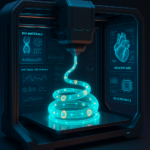 3D printer extruding smart filament with embedded sensors and bio-materials, futuristic holographic overlays