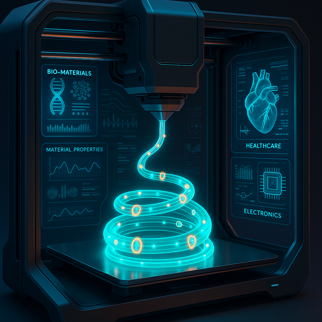 3D printer extruding smart filament with embedded sensors and bio-materials, futuristic holographic overlays