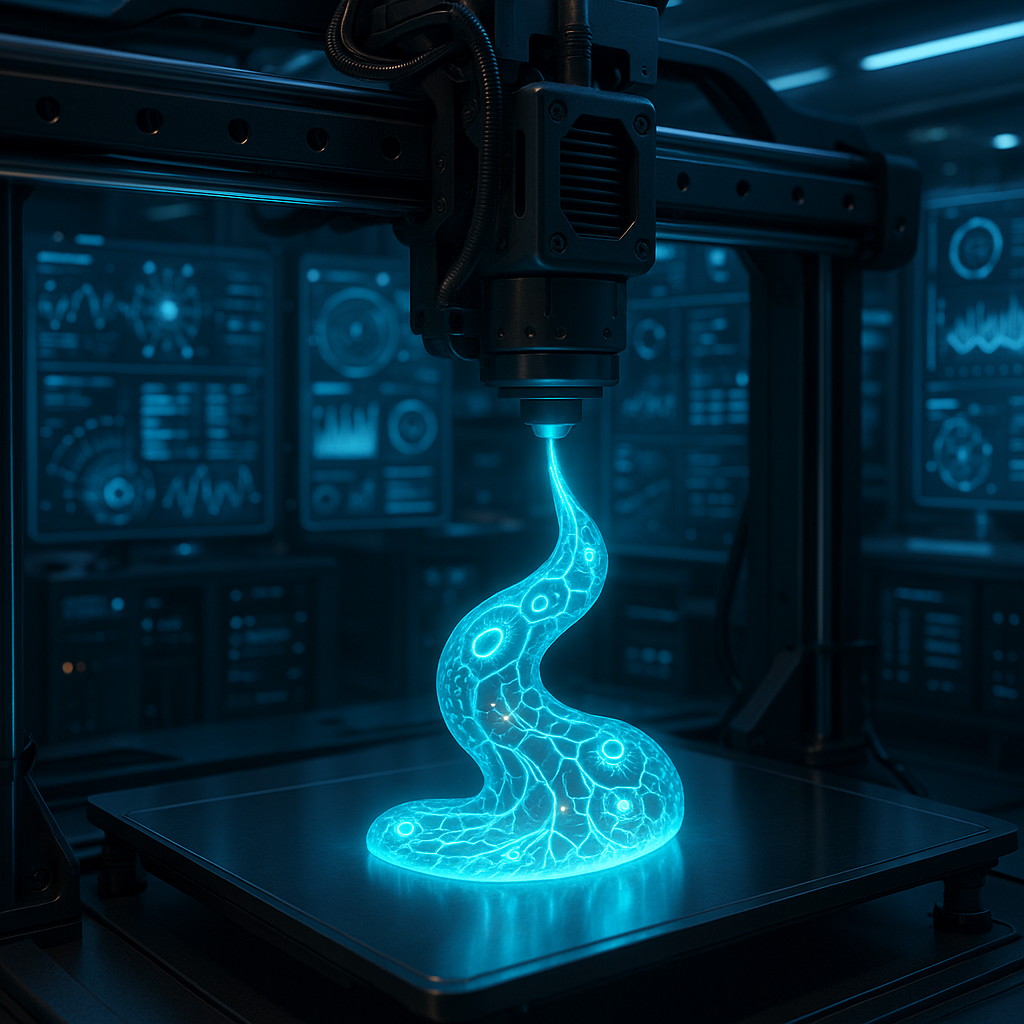 3D printer extruding advanced smart filament with embedded sensors in a futuristic lab