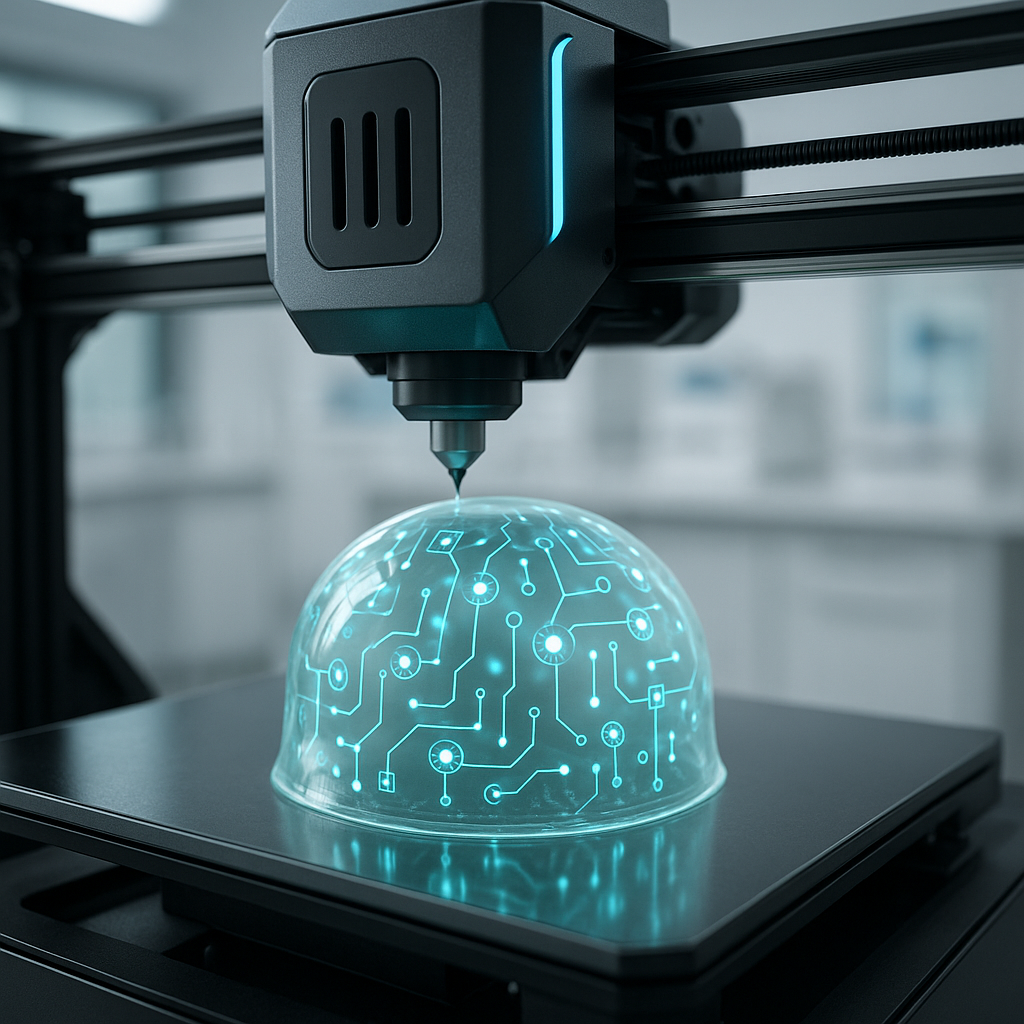 3D printer creating a transparent object with embedded glowing sensors symbolizing smart materials