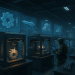 3D printers producing defense components with holographic digital designs in a military workshop