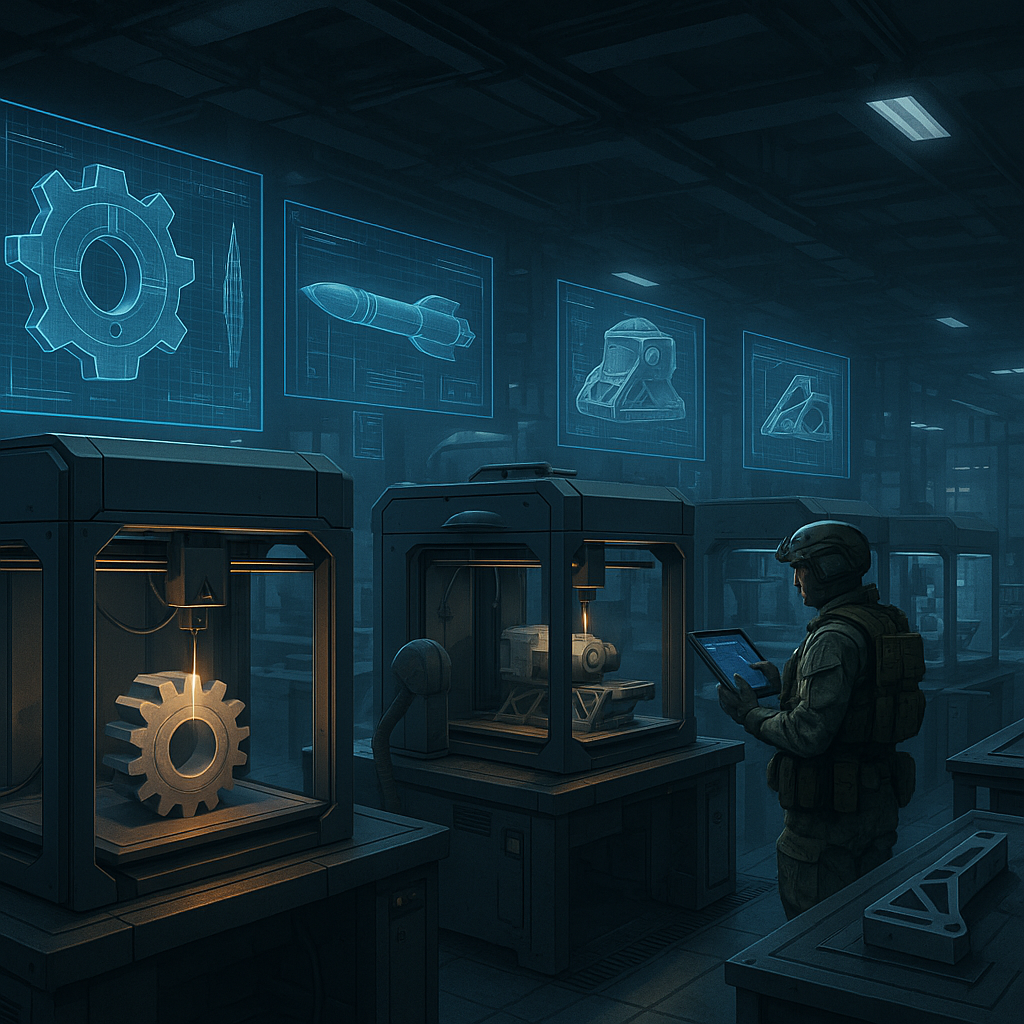 3D printers producing defense components with holographic digital designs in a military workshop