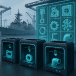 Naval shipyard with 3D printers and digital inventory holograms illustrating distributed manufacturing
