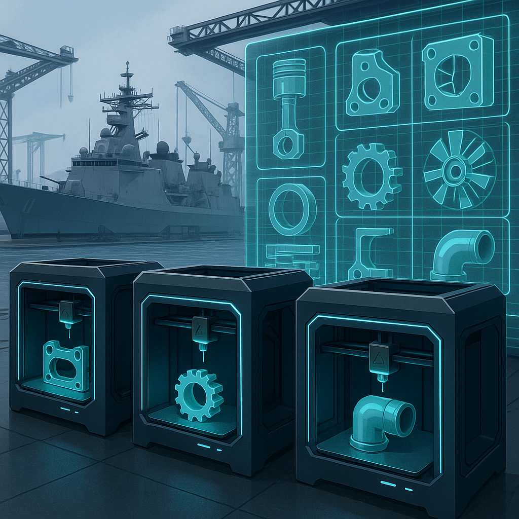 Naval shipyard with 3D printers and digital inventory holograms illustrating distributed manufacturing