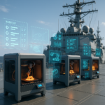 Advanced 3D printing technology operating on a naval ship deck with digital inventory displays