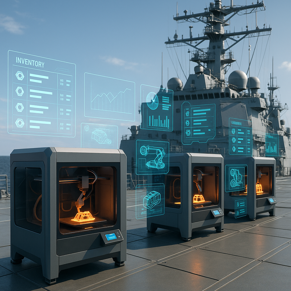 Advanced 3D printing technology operating on a naval ship deck with digital inventory displays