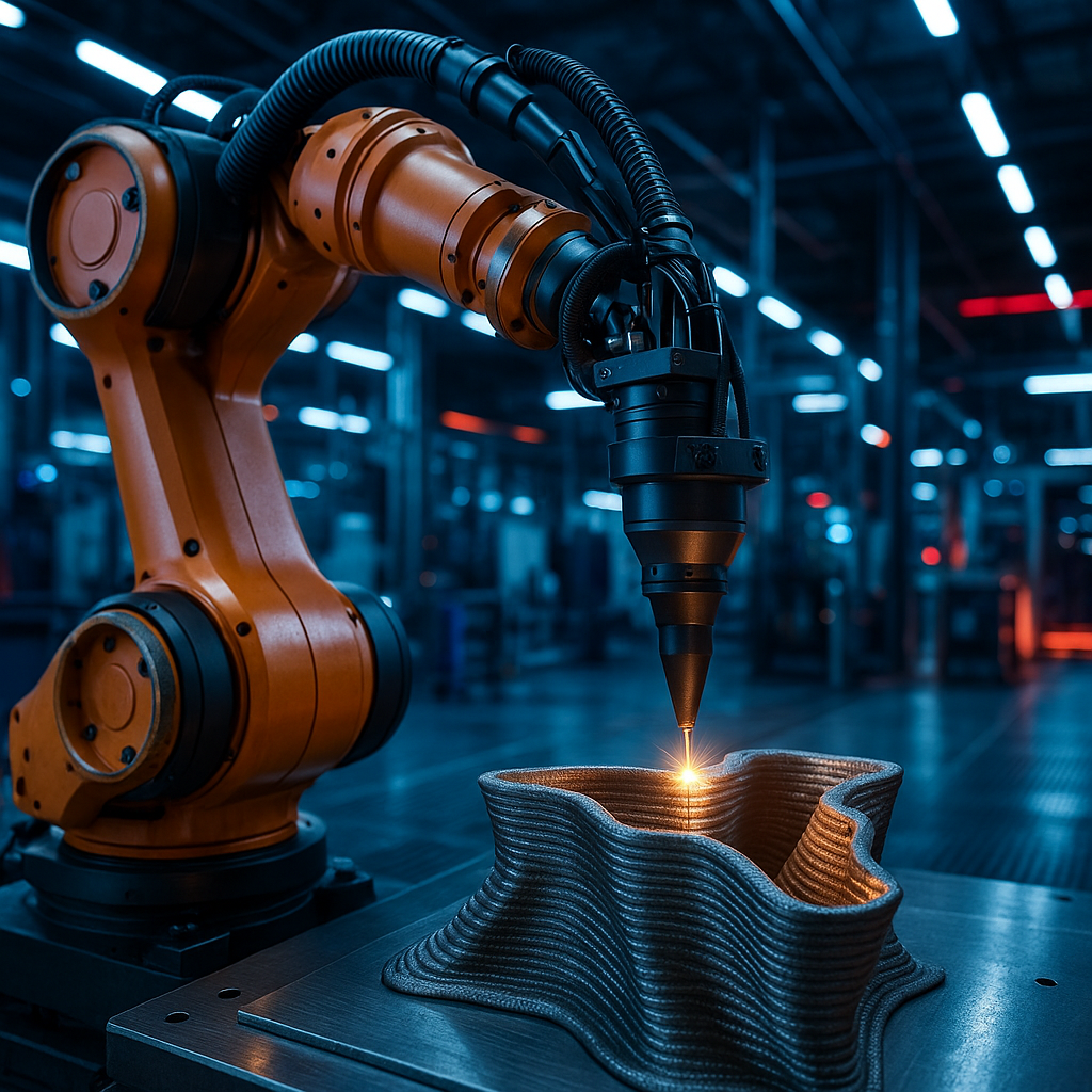 Robotic arm performing multi-axis metal 3D printing with molten metal deposition