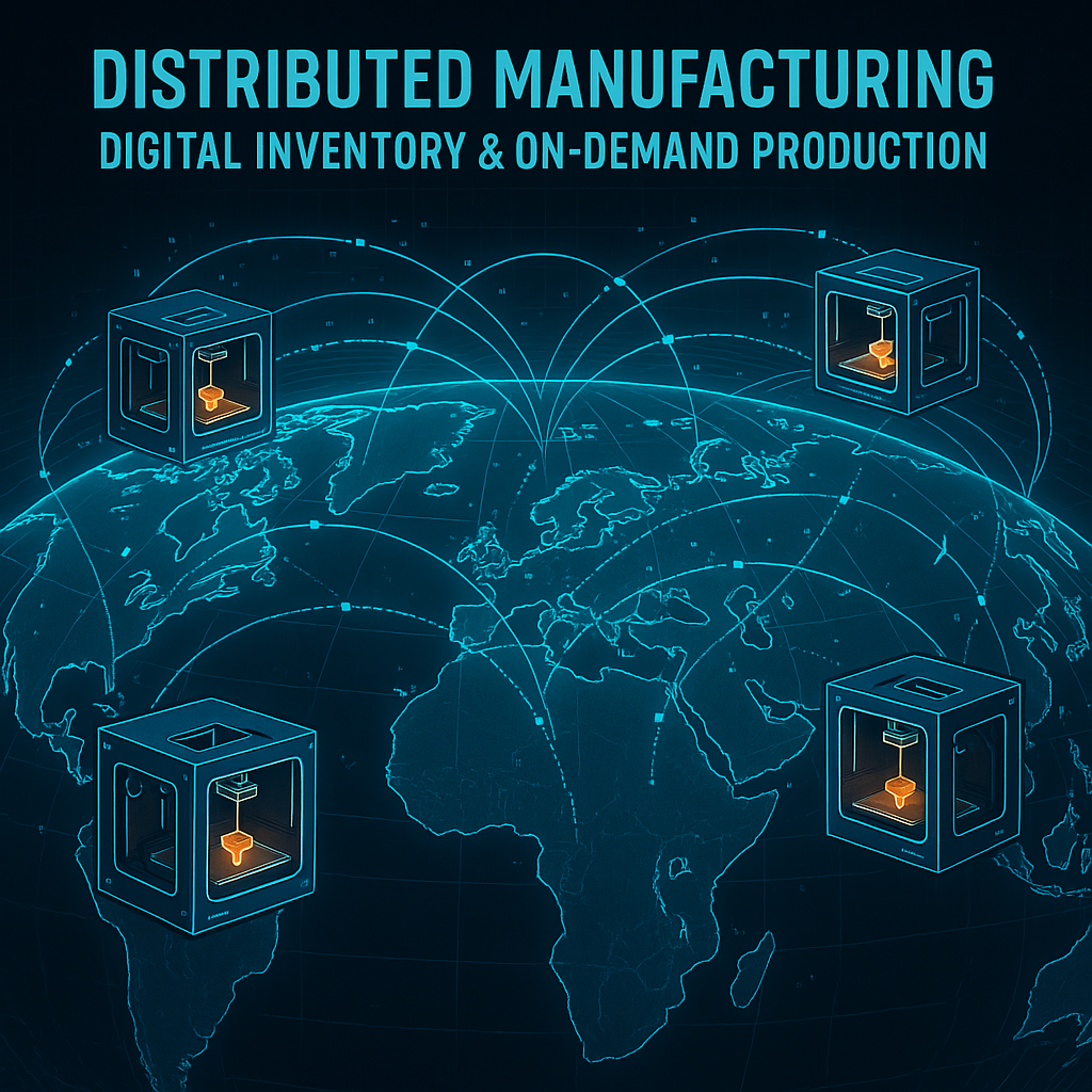 Global distributed manufacturing network with 3D printers producing parts on-demand
