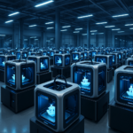 Automated 3D printing farm with multiple printers operating collaboratively in a high-tech industrial environment