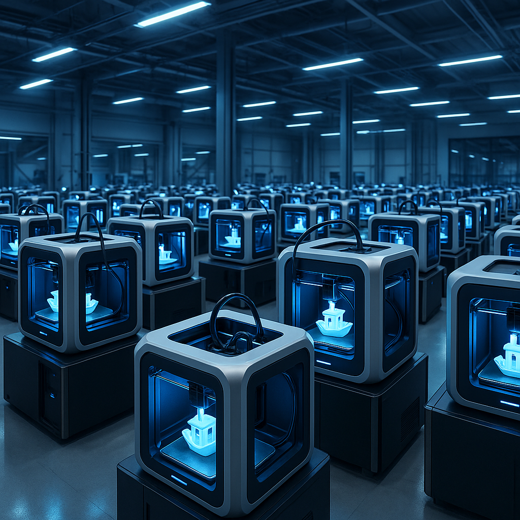 Automated 3D printing farm with multiple printers operating collaboratively in a high-tech industrial environment