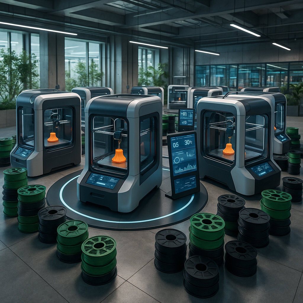 Distributed circular 3D printing farm with multiple printers collaborating and recycling materials