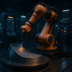 Multi-axis additive manufacturing robotic arm printing on a curved metal surface in an advanced industrial setting