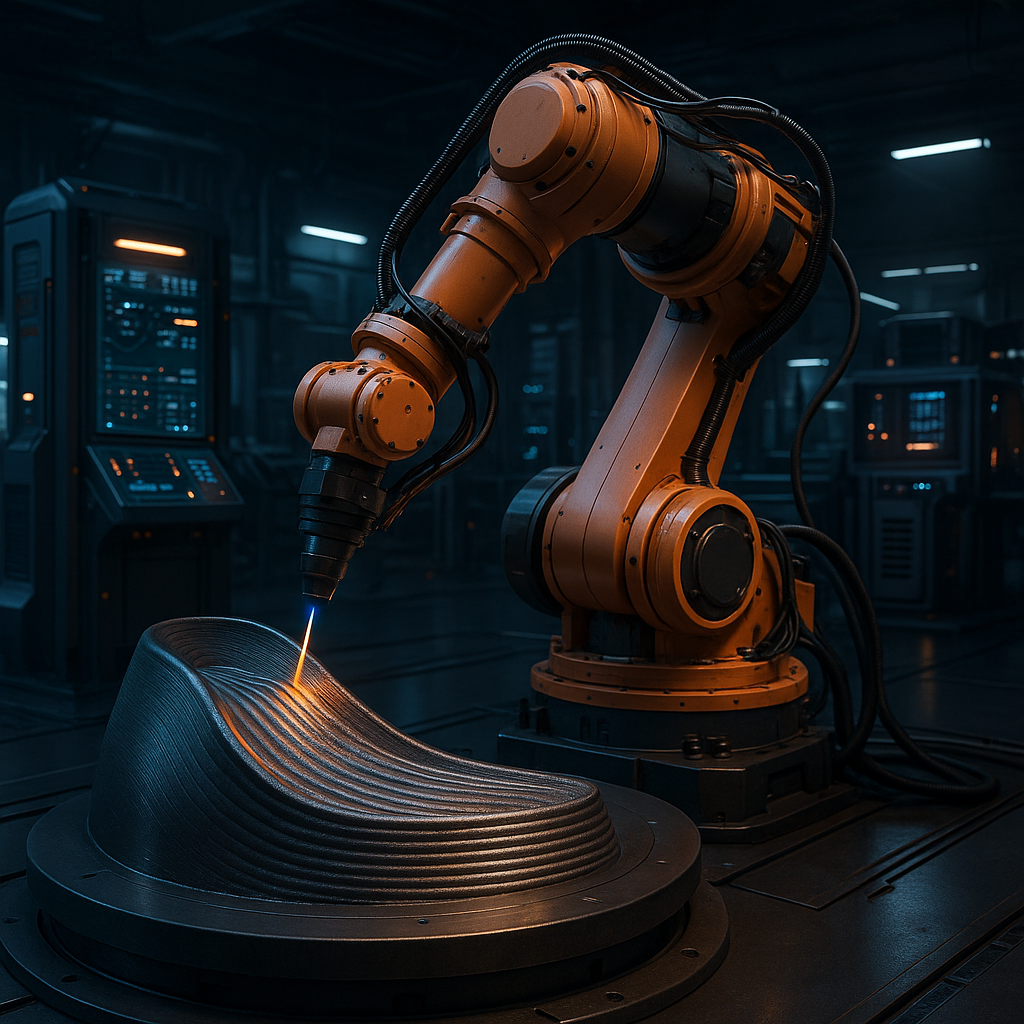 Multi-axis additive manufacturing robotic arm printing on a curved metal surface in an advanced industrial setting