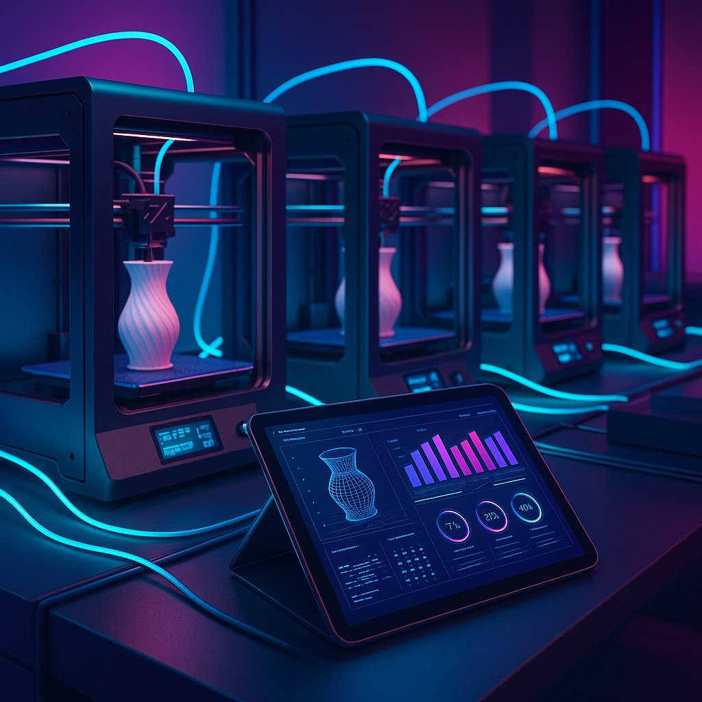 3D printing farm with multiple printers managed via local network software