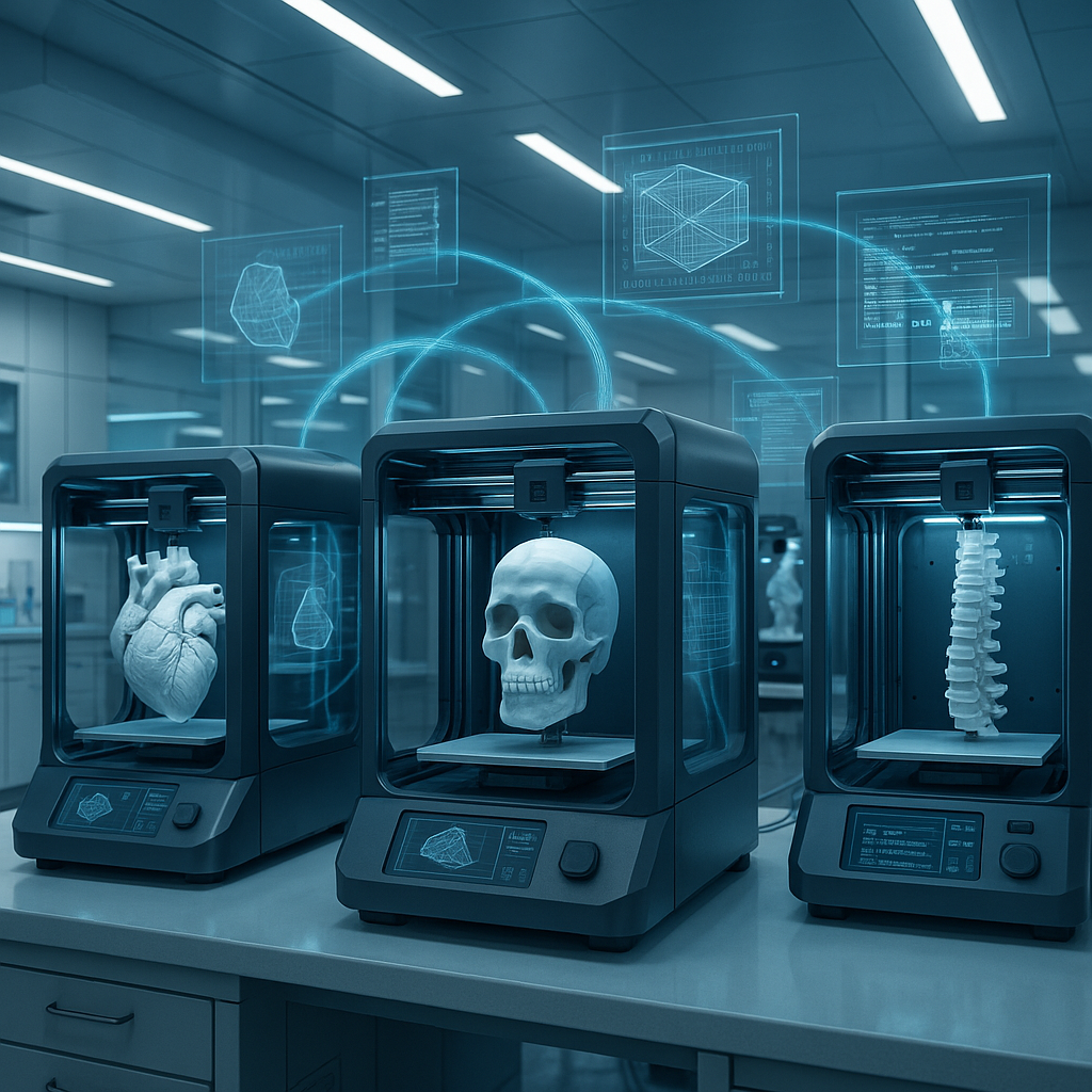 Collaborative medical 3D printers working together with digital data streams representing streamlined encoding