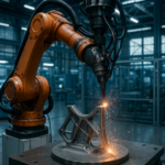 Robotic arm 3D printing titanium aircraft part in aerospace factory