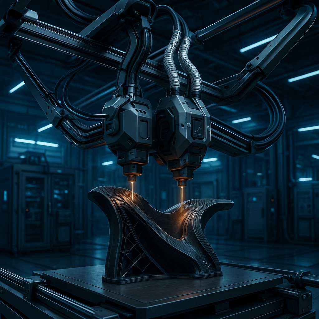 Vision Miner 22 IDEX V4 5-axis 3D printer printing a complex curved part with dual extruders