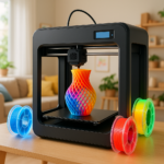 ELEGOO Centauri Carbon 2 Combo 3D printer printing a multicolor object with smart filament spools nearby