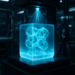 Volumetric 3D printing process creating a complex object inside a glowing resin volume