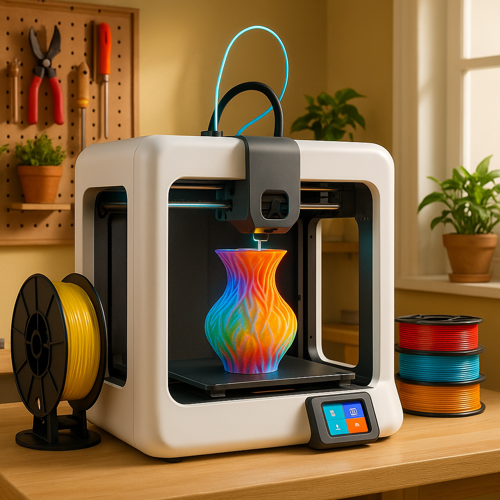 ELEGOO Centauri Carbon 2 Combo 3D printer printing a colorful smart filament object in a family-friendly environment