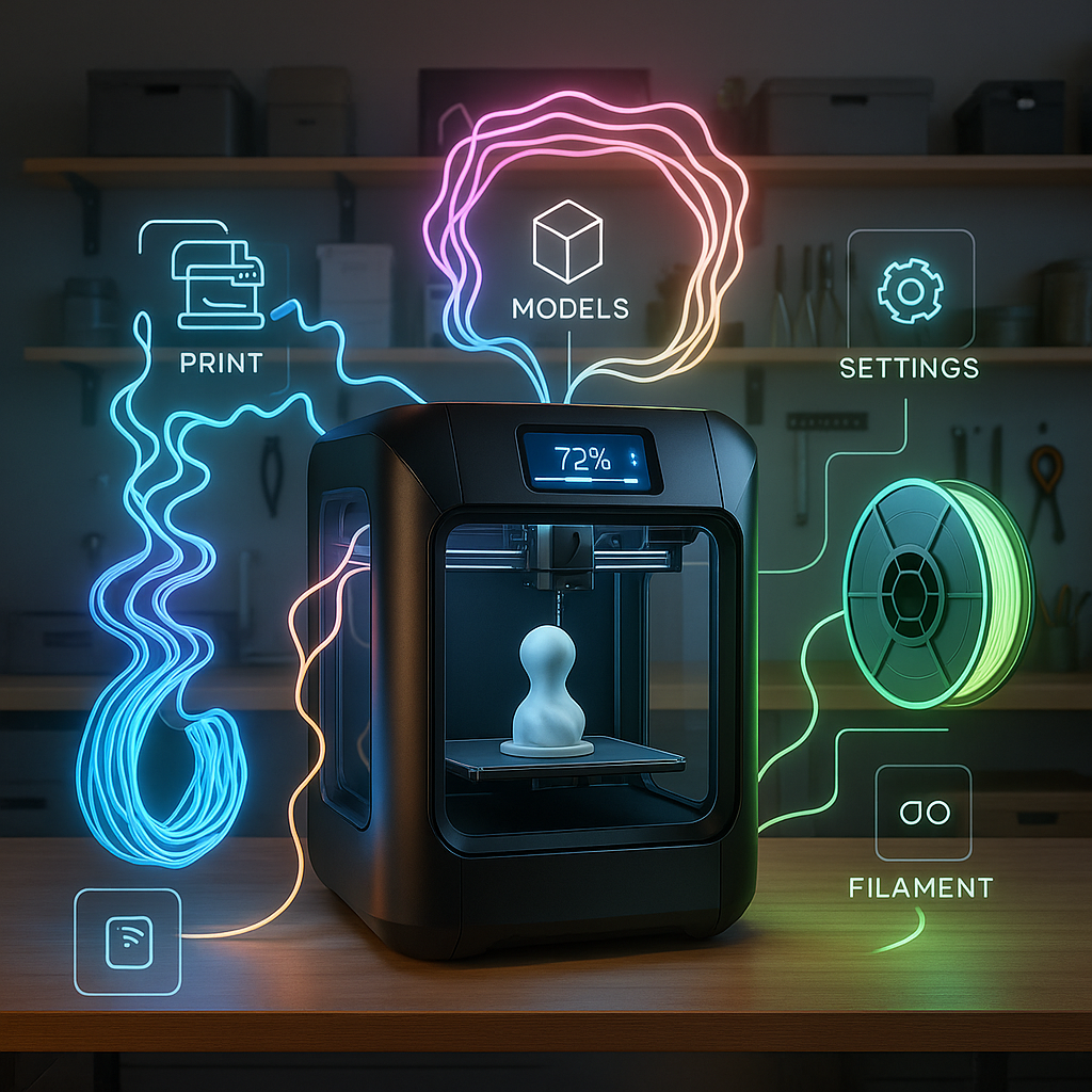 Consumer 3D printer printing with smart filament in a high-tech home workshop