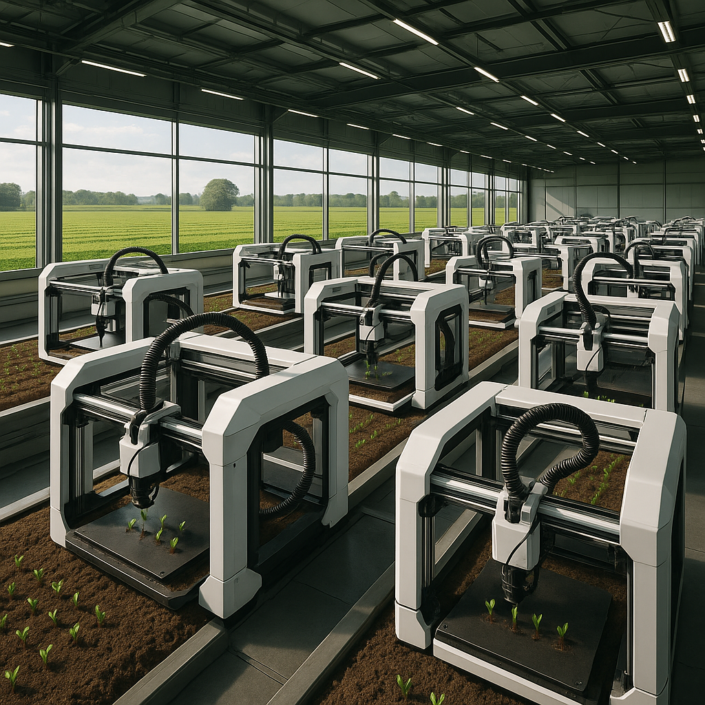 Collaborative 3D printers operating in an automated agricultural print farm