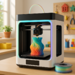 ELEGOO Centauri Carbon 2 Combo multicolor 3D printer printing a colorful smart filament object in a family-friendly setting