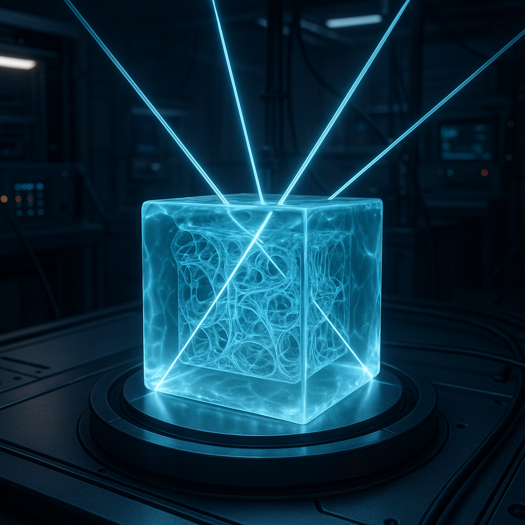 Visualization of volumetric 3D printing curing a complex object inside a resin volume with multiple light beams