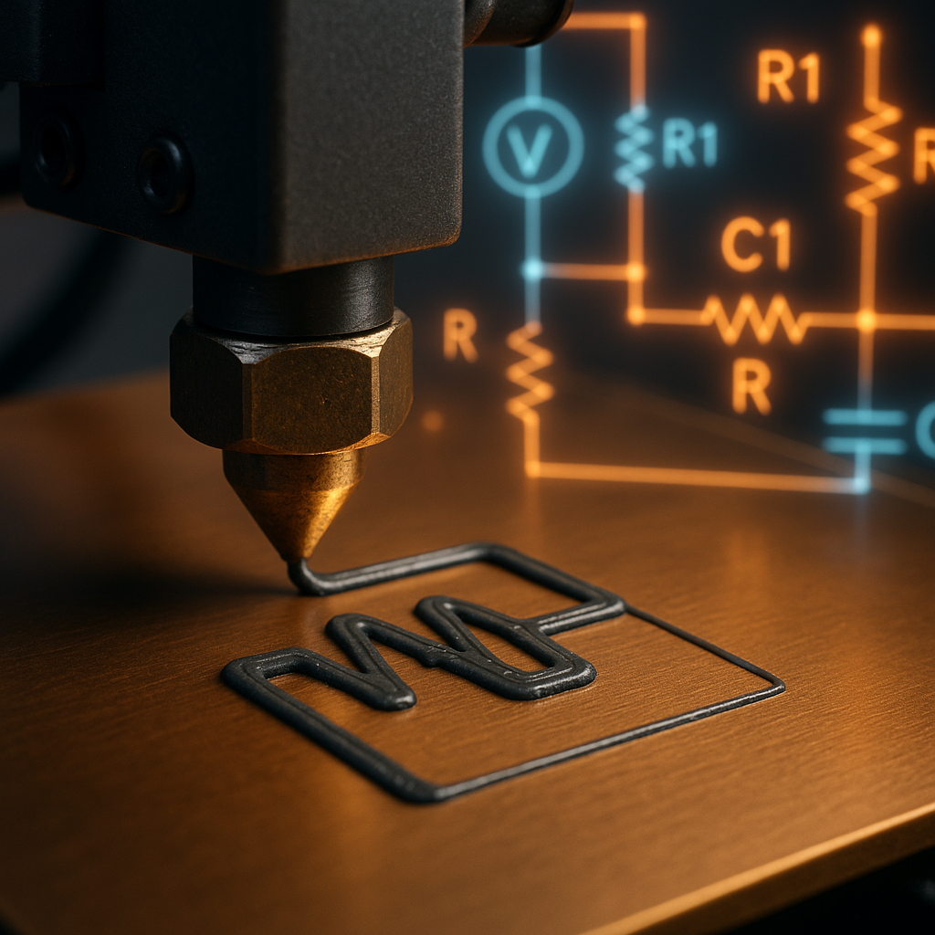 3D printer nozzle printing conductive filament resistor on circuit board