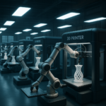 Automated 3D print farm with robotic plate swapping mechanisms in operation