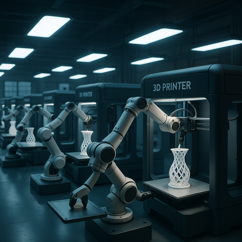 Automated 3D print farm with robotic plate swapping mechanisms in operation