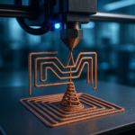 3D printer nozzle printing a conductive filament antenna with detailed layered structure