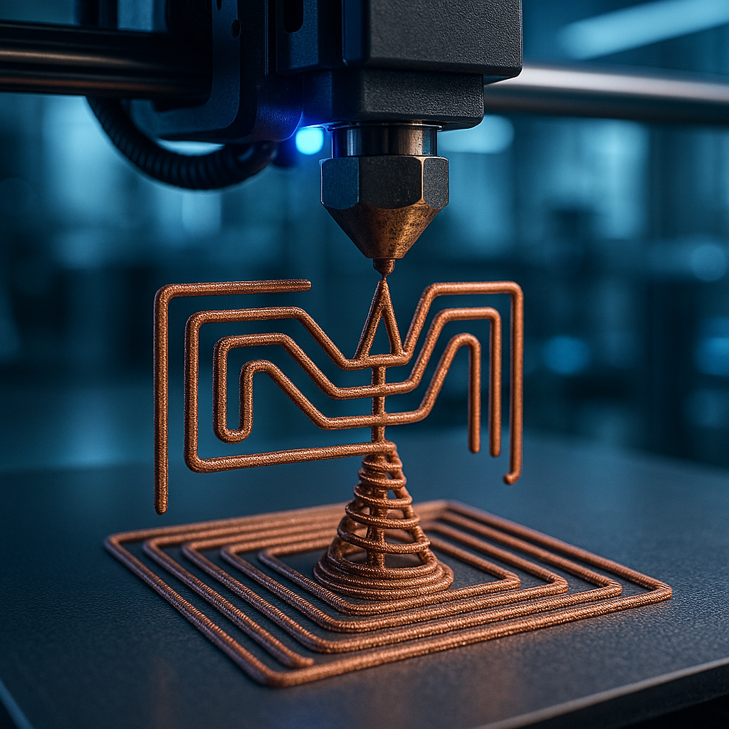 3D printer nozzle printing a conductive filament antenna with detailed layered structure