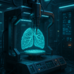 3D bioprinter creating living lung tissue layers in a high-tech lab