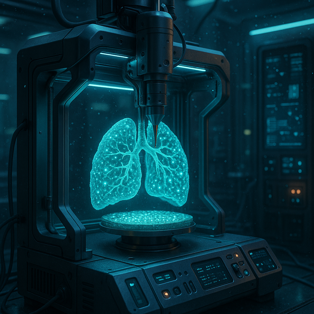 3D bioprinter creating living lung tissue layers in a high-tech lab