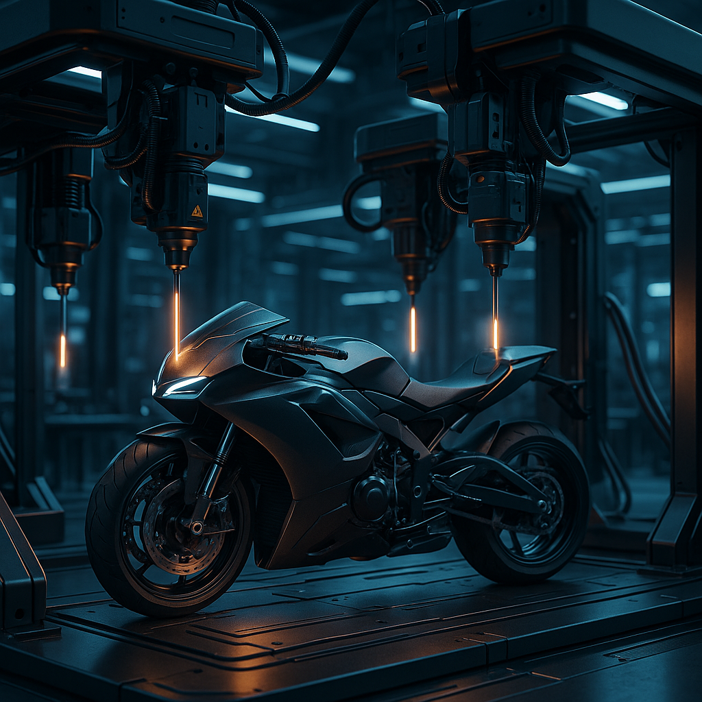 Multiple 3D printers collaboratively assembling a futuristic motorcycle component in a high-tech factory